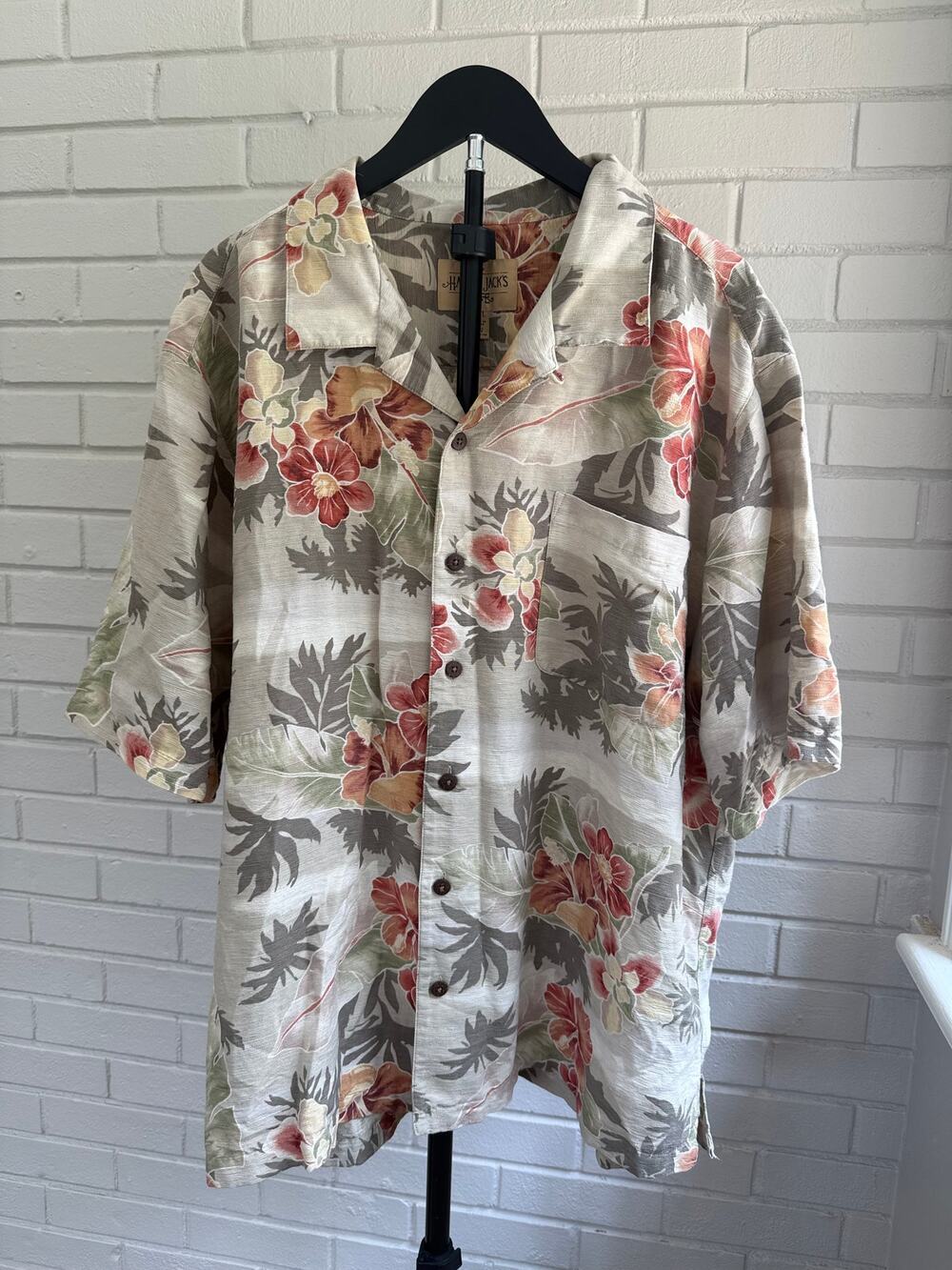 100% Silk Hawaiian Camp Shirt Men's XXL Tropical Floral Button Up Beige
